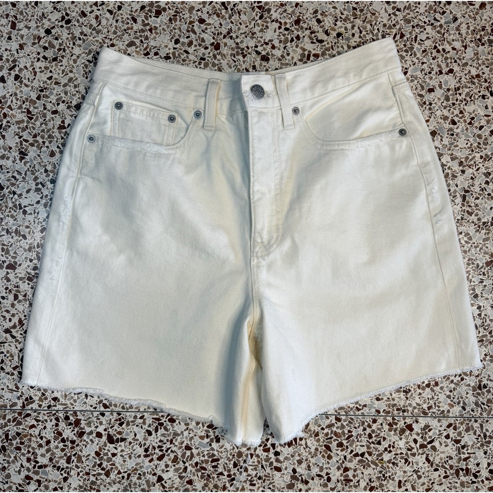 J.CREW Women's Off White Cut Off Denim Shorts 27, Button, Pockets, Raw Hem